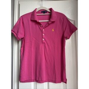 Ralph Lauren Sport Women's Polo Shirt Pink Yellow Logo Slim Fitted Large